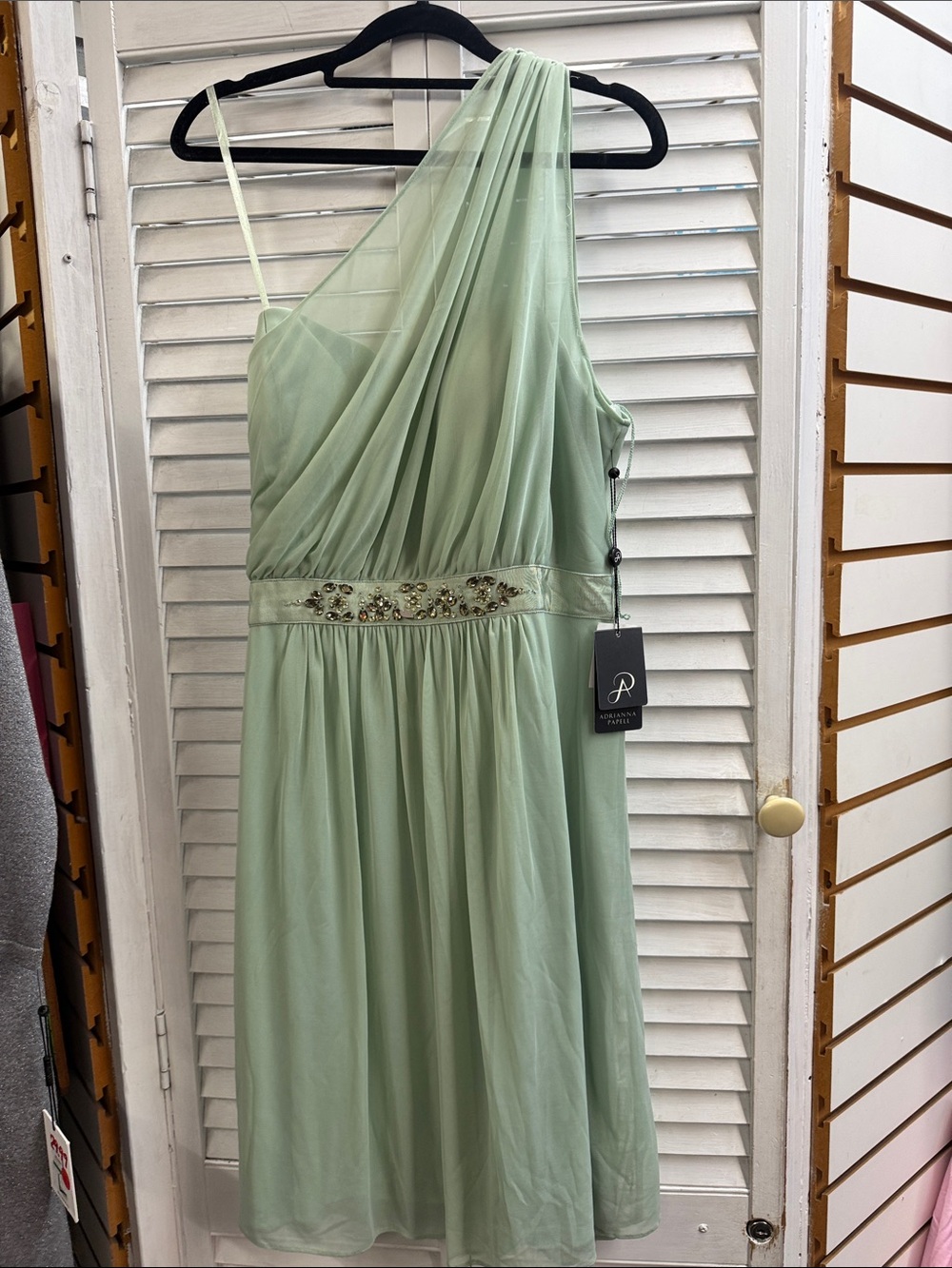 Adriana, PaaapleOne-Shoulder Sage Green Cocktail Dress with Beaded Waist